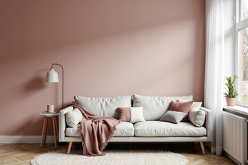 Scandi Rose Comfort, A Scandinavian living room with a dusty rose wall and a soft grey sofa. The dusty rose wall and gray sofa create a warm and sophisticated look. Dusty rose, soft gray, white.