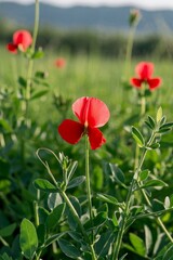 Obraz premium there are many red flowers in a field of green leaves