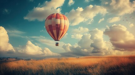 Naklejka premium Hot Air Balloon Soaring Over Golden Fields Under a Dreamy Sky