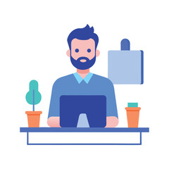 Cartoon Illustration of Man Working at Desk in Blue Theme