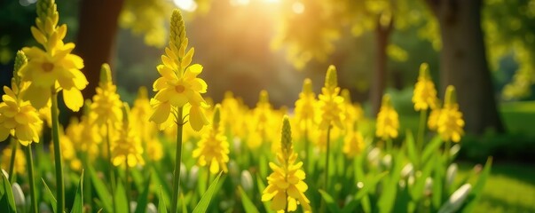 Obraz premium Sunlit garden with bright yellow Spanish Broom flowers, flowers, nature