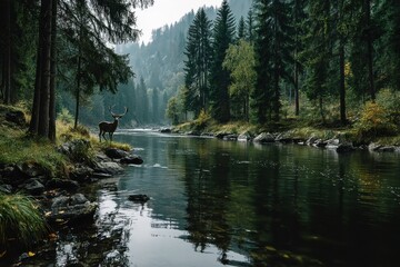 A majestic deer drinks from a clear river winding through a lush, dense forest bathed in dappled sunlight, evoking a tranquil, autumnal scene.