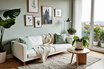 Cozy Oasis, A Scandinavian living room with a pastel mint wall, cozy white sofa, and houseplants. Houseplants in ceramic pots bring life and warmth, creating a hygge vibe.