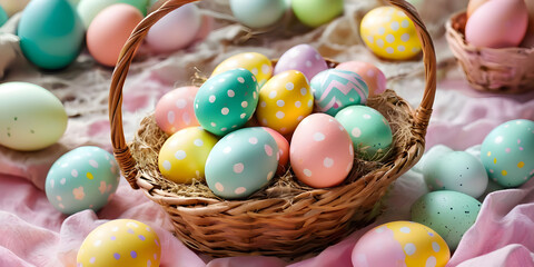 Fototapeta premium A Easter basket tipped over on a pastel background, with colorful decorative Easter eggs spilling out. 