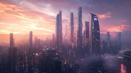 Obraz premium Futuristic Cityscape at Sunset: A Digital Painting of a Modern Metropolis