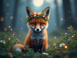 A curious fox kit wearing a crown made of fern fronds and wild strawberry