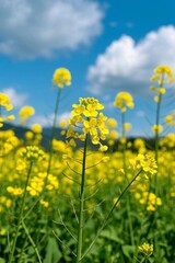 Fototapeta premium yellow flowers in a field with a blue sky in the background
