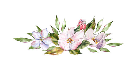Watercolor floral bouquet featuring apple blossom branches, delicate pink and white flowers, and green leaves. Ideal for wedding invitations, greeting cards, and spring-themed designs