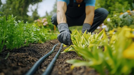 Landscaper setting up garden irrigation systems. Featuring functionality and sustainability