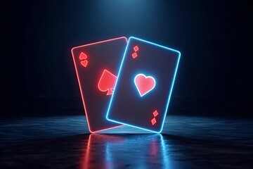 Two Neon Illuminated Playing Cards Symbolizing Casino Games And Entertainment With Futuristic Theme On Dark Background, playing cards, casino, neon, illuminated, heart, spade, ace, gamble, poker