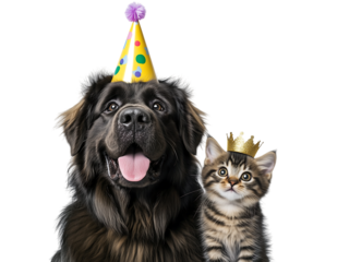 Dog and Cat in Birthday Hats - A playful duo of a dog and cat wearing colorful party hats against a transparent background. Ideal for birthday invitations, fun ads, or celebration designs.