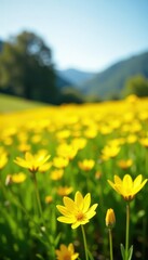 Fototapeta premium Sunny fields of bright yellow wildflowers blooming in a spring meadow, sunshine, garden, bloom