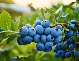 Fototapeta premium Close-up of organic blueberry branch on farm, ripe berries for agricultural blog, organic farming ad, healthy food promo, recipe website, nature magazine, eco packaging, nutrition content