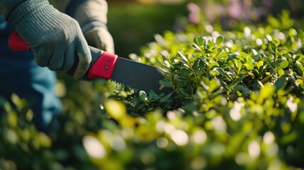 Obraz premium Landscaper trimming a hedge with electric shears. Featuring detail and efficiency