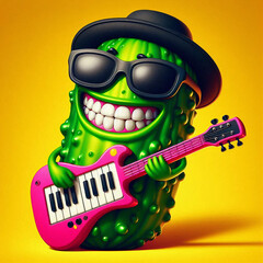 Cool Cartoon Pickle Playing Pink Keytar with Sunglasses and Hat