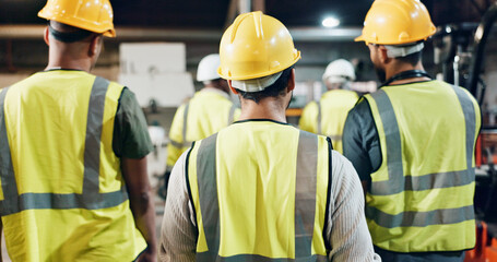 Group, men and engineer with back at factory for manufacturing, together and solidarity for artisan...