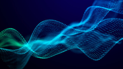 The musical stream of sounds. Abstract background with interweaving of colored dots and lines. 3d rendering.