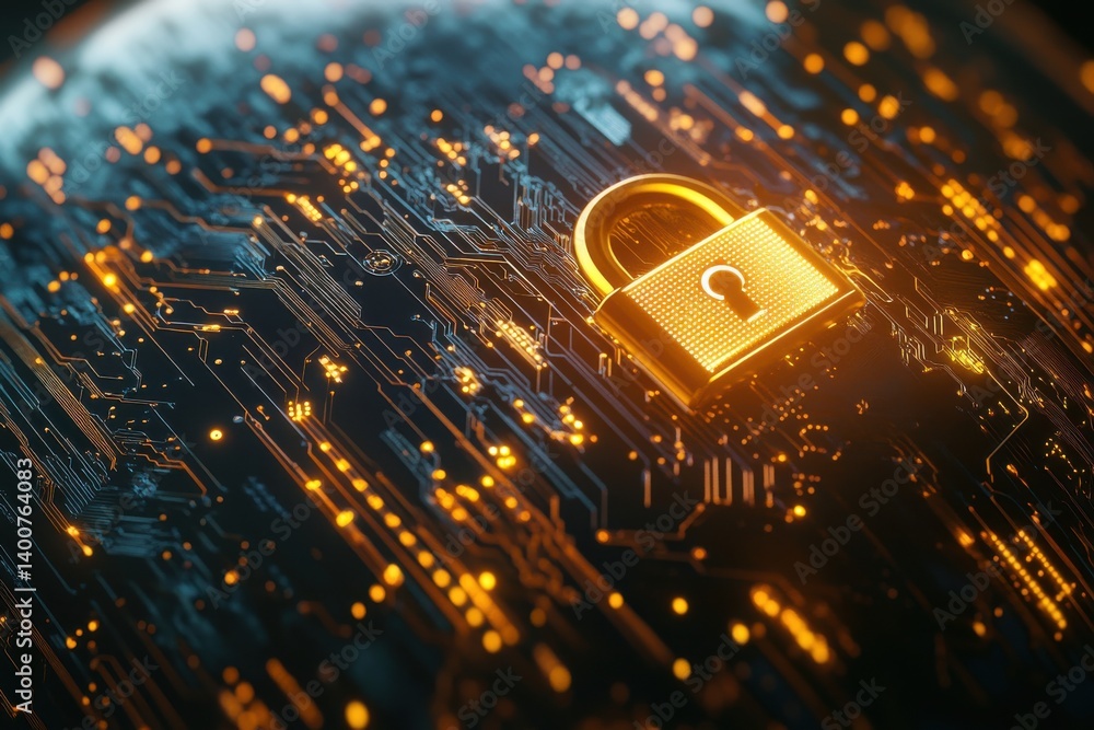 Poster globe with digital padlock over a circuit board on dark background showing concept of global cyberse
