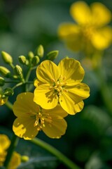 yellow flowers are blooming in a field of green grass