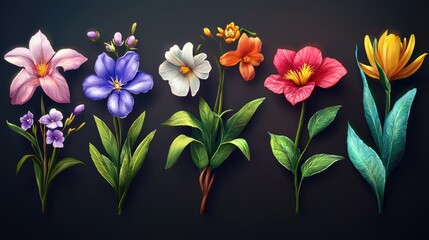Obraz premium Vibrant Floral Collection: A Digital Painting of Six Exquisite Flowers