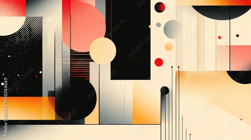 Poster abstract geometric composition with circles squares and lines in beige black and red tones creating 