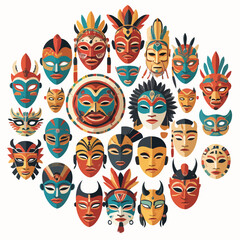 flat vector circle icon made of various traditional masks.