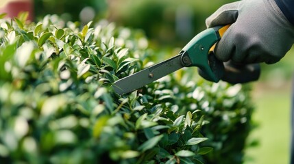 Landscaper trimming hedges in a garden. Featuring care and attention to detail