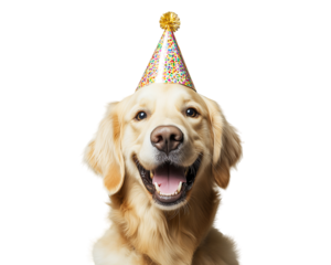 Golden Retriever Wearing Birthday Hat - Adorable dog celebrating with party hat. Perfect for pet birthday themes, party invitations, and festive ads.