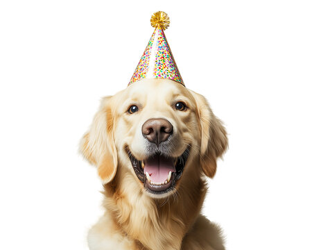 Golden Retriever Wearing Birthday Hat - Adorable dog celebrating with party hat. Perfect for pet birthday themes, party invitations, and festive ads.