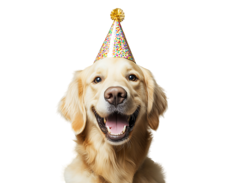 Golden Retriever Wearing Birthday Hat - Adorable dog celebrating with party hat. Perfect for pet birthday themes, party invitations, and festive ads.