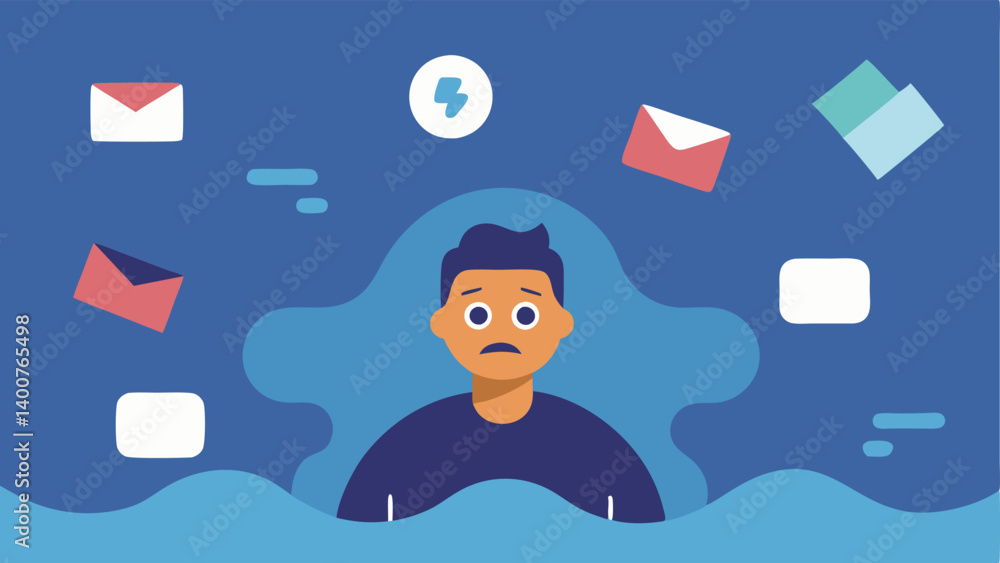 Poster drowning in notifications a person submerged under a tidal wave of notification icons and digital po