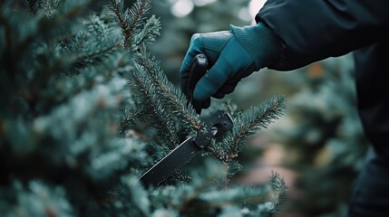 Landscaper trimming tree branches with pruning shears. Featuring precision and care