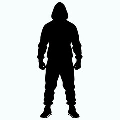 Vector standing man silhouette hooded sweatshirt clenched fists assertive posture