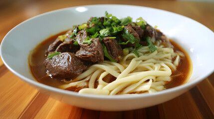 Tender Beef Shank Noodle Soup with Fresh Herbs and Vegetables Served on a White Bowl Against a Wooden Surface