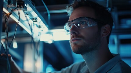 Lighting technician installing overhead fixtures in a commercial space. Featuring technical expertise and precision
