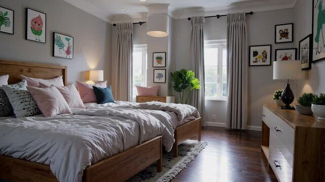 Cozy twin bedroom in modern home with soft lighting and pastel pillows, calm and peaceful sleeping environment, elegant interior design concept