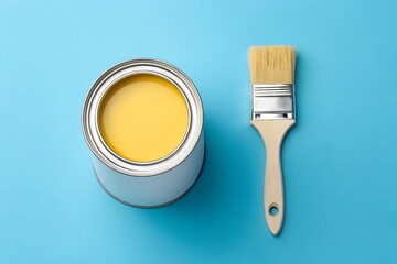 Bright Yellow Paint Can And Wooden Brush Ready For Home Improvement Projects On A Blue Background, paint, paint can, yellow paint, brush, paintbrush, wooden brush, home improvement, renovation