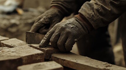 Mason applying mortar between bricks for a wall. Featuring precision and focus