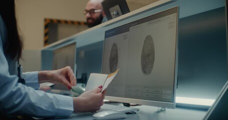 Airport Check-in Counter: Airline Worker Checking Passport and Airplane Ticket in Airport Terminal. Computer Software Analyzing Fingerprint Scan and Personal ID Data of Passenger for Boarding Flight. - Powered by Adobe