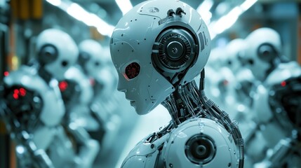 Fototapeta premium A Line of Advanced Humanoid Robots in a Futuristic Factory Setting