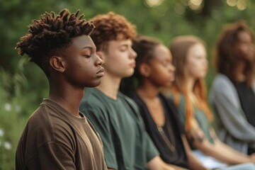 A group of teenagers practicing mindfulness meditation, demonstrating positive methods to manage stress and anxiety,