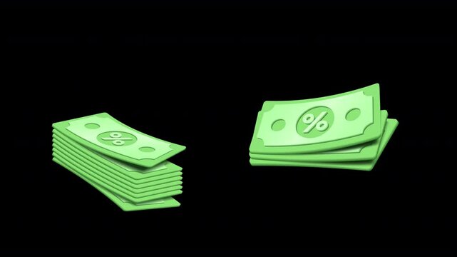 3D Money Falling Loop Animation. Rotating Cash Icon, 4K Motion Graphic with Alpha Channel for Finance and Business.