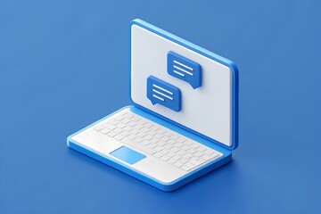 Isometric Laptop With Chat Bubbles Communication Online Messaging And Digital Interaction Concept On Blue Background, laptop, computer, isometric, messaging, chat, communication, online, digital