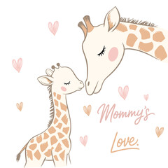 Cute illustration of mother giraffe and baby giraffe with hearts and text “Mommy’s Love” – sweet animal art for Mother’s Day, nursery decor, baby shower, parenting themes, and family love
