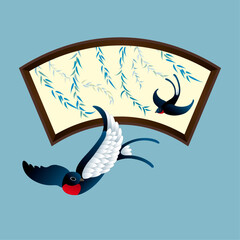 Two swallows flying under willows. Vector, with traditional window frame and plain color background.