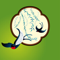 Two swallows flying under willows. Vector, with traditional window frame and plain color background.