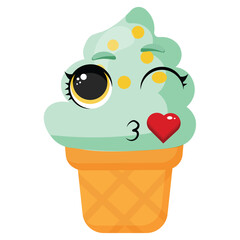 Cute mint ice cream cone with expressive eyes and kiss mark Adorable sweet dessert illustration for summer themes, packaging, and fun design projects