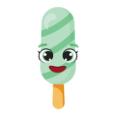 Green popsicle with smiling face and big sparkling eyes Delightful character perfect for summer designs, packaging, and playful food illustrations