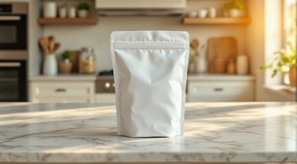 A clean, white paper pouch with a ziplock rests on a marble surface, with soft shadows enhancing its premium look.