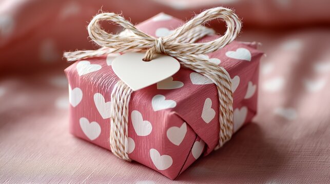 A pink gift box with a white heart pattern, tied in an elegant bow and a blank tag attached.